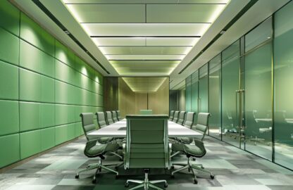 Sala de reunião corporativa com painel acústico na parede e tratamento no teto para melhorar a acústica e reduzir eco