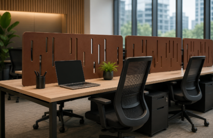 Divisores de mesa acústicos instalados em escritório corporativo moderno para aumentar a privacidade, reduzir distrações e melhorar o conforto acústico