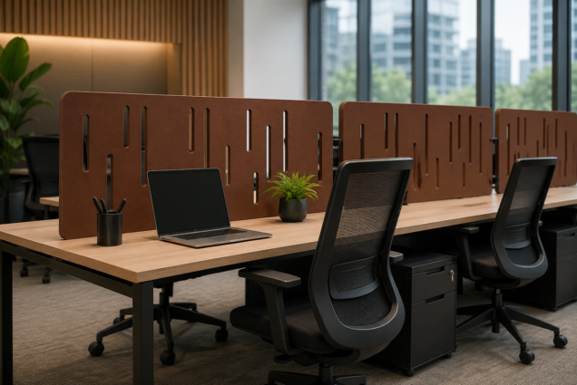 Divisores de mesa acústicos instalados em escritório corporativo moderno para aumentar a privacidade, reduzir distrações e melhorar o conforto acústico