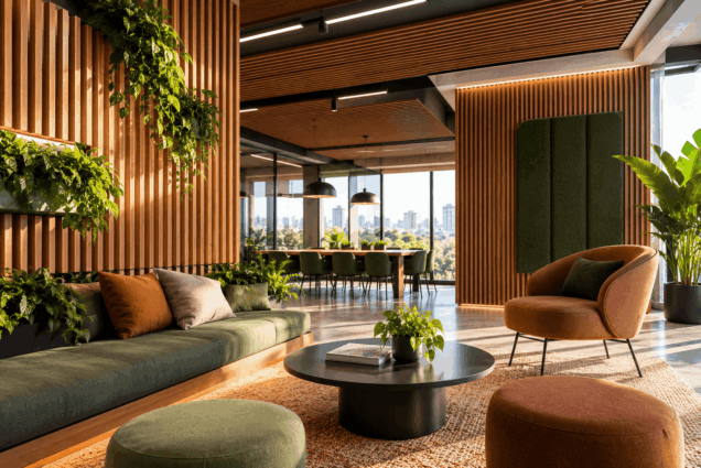 Revestimento de ripado acústico amadeirado em parede e teto de lounge corporativo moderno com plantas e iluminação natural.